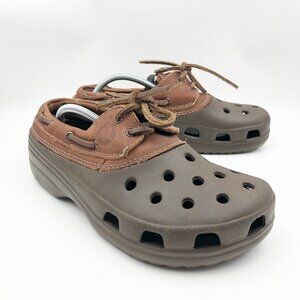 CROCS Islander Pit Crew Brown Leather Classic Clogs Boat Shoes Mens 6 Womens 8